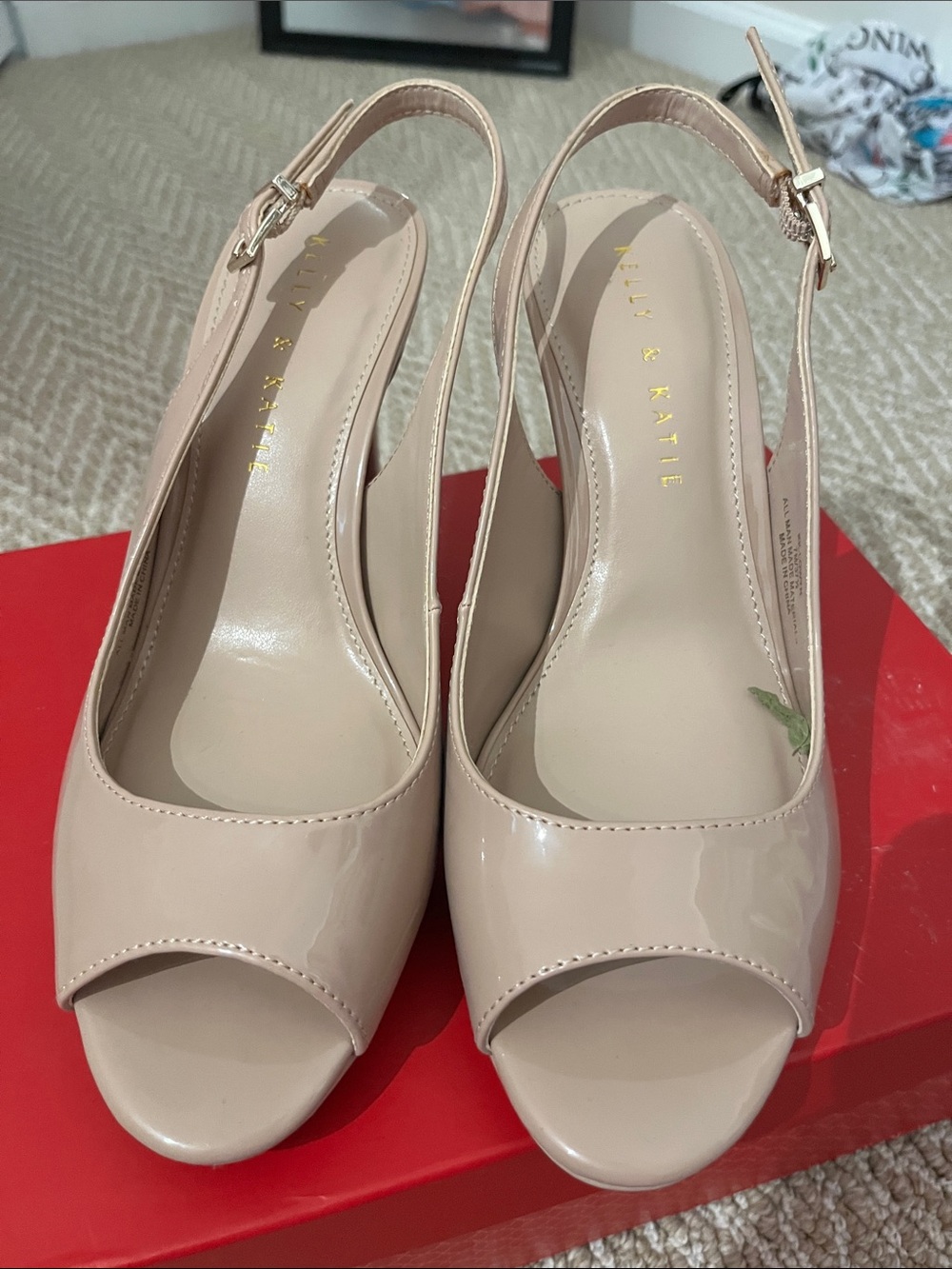 Kelly & Katie Nude Patent Peep-Toe Slingback Heels
